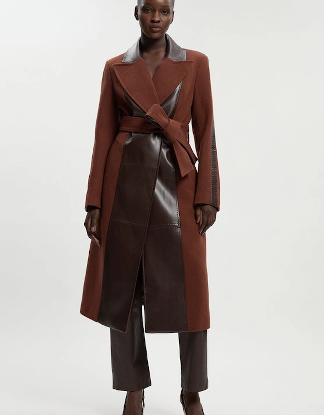 Wool PU Mix Belted Midi Coat