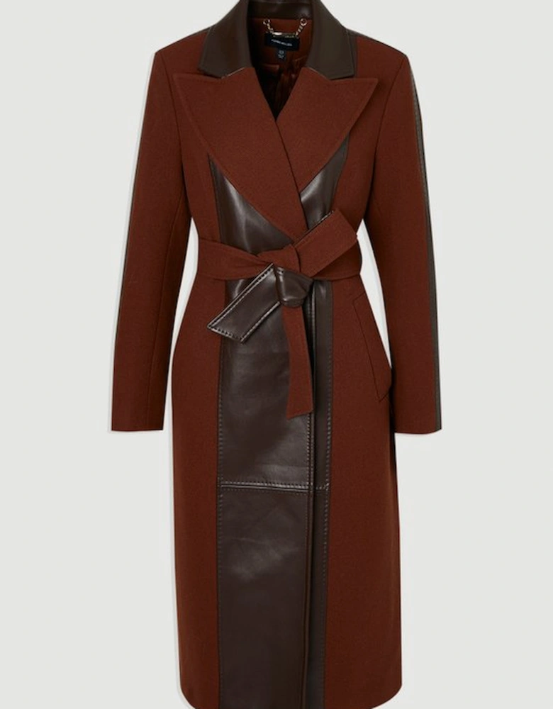 Wool PU Mix Belted Midi Coat