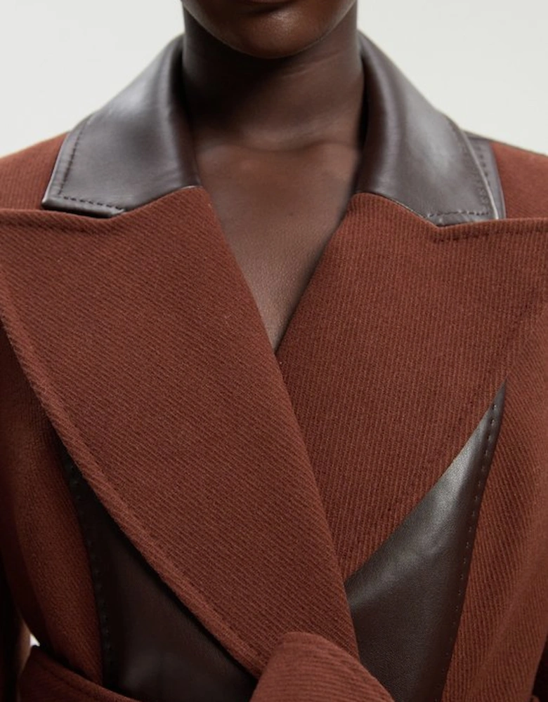 Wool PU Mix Belted Midi Coat