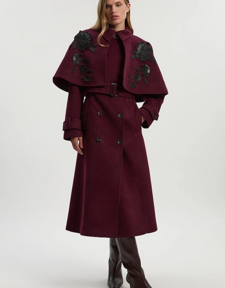 Brushed Wool Pu Mix Placed Floral Embroidery Applique Tailored Cape Full Skirted Midi Coat