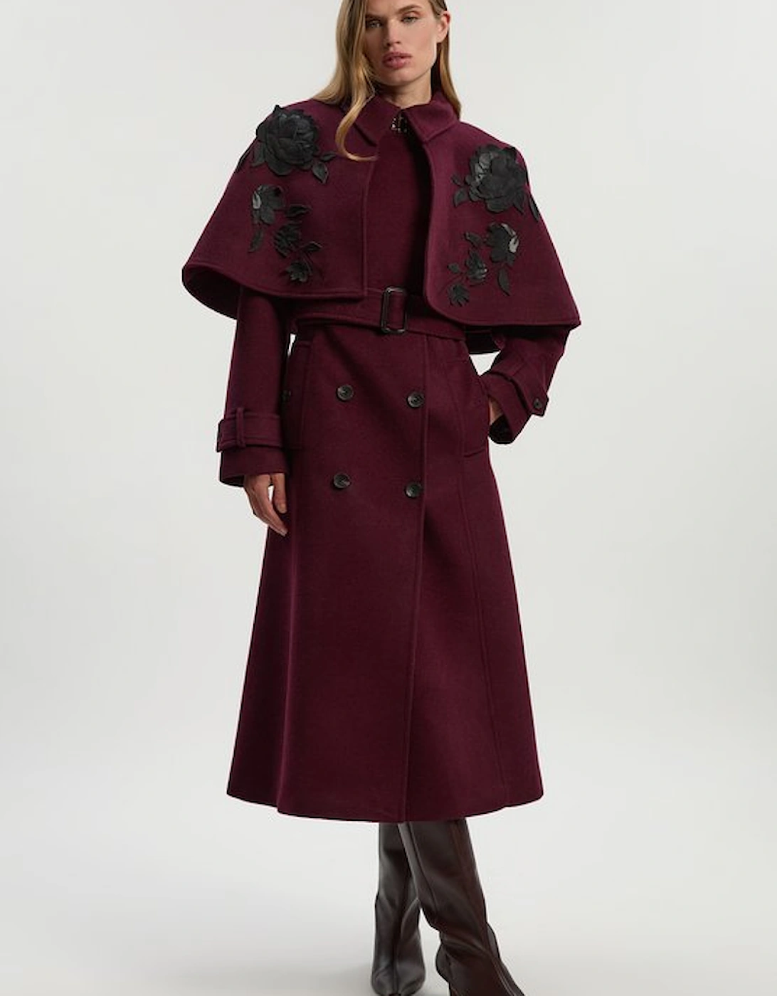 Brushed Wool Pu Mix Placed Floral Embroidery Applique Tailored Cape Full Skirted Midi Coat