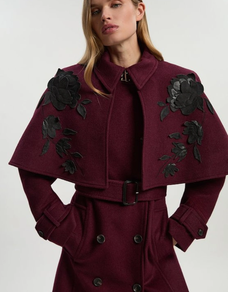 Brushed Wool Pu Mix Placed Floral Embroidery Applique Tailored Cape Full Skirted Midi Coat