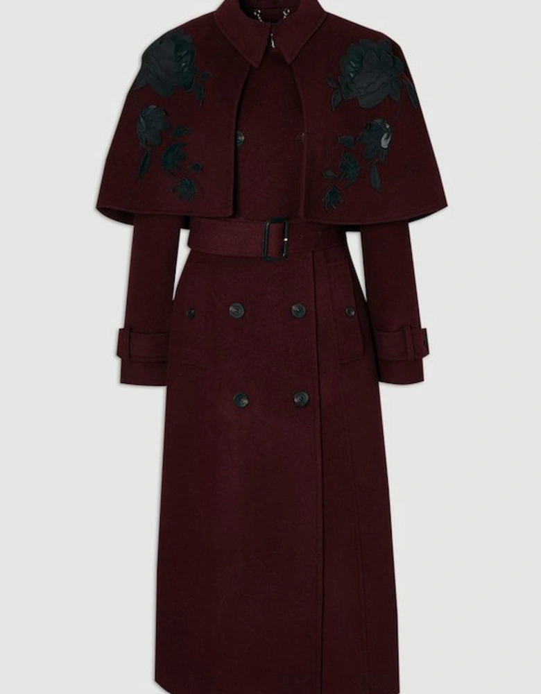 Brushed Wool Pu Mix Placed Floral Embroidery Applique Tailored Cape Full Skirted Midi Coat