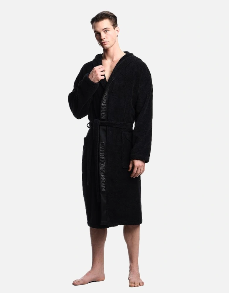 Terrycloth Bathrobe with Logo Trim, Black