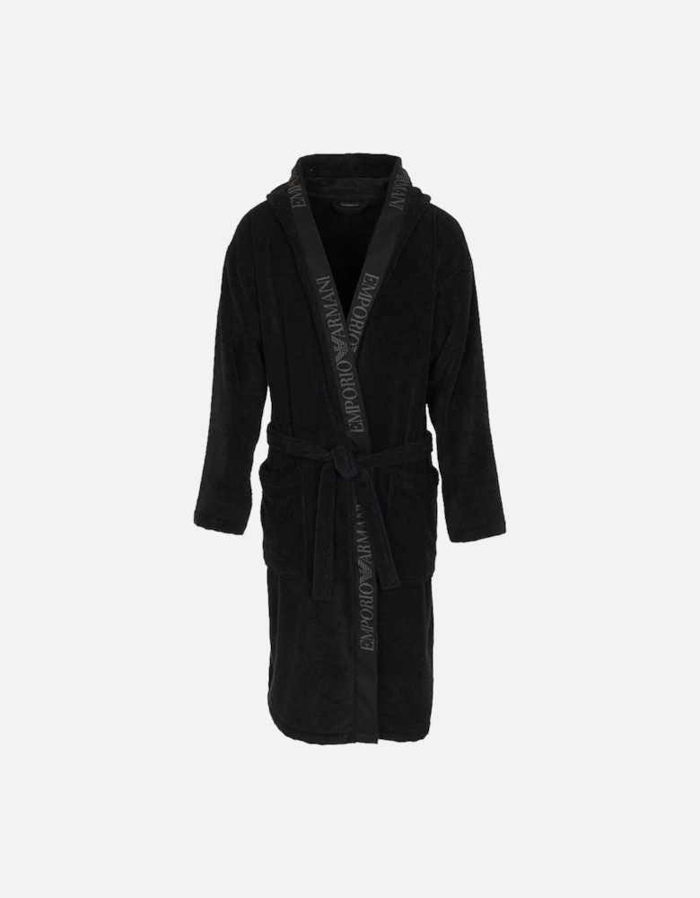 Terrycloth Bathrobe with Logo Trim, Black