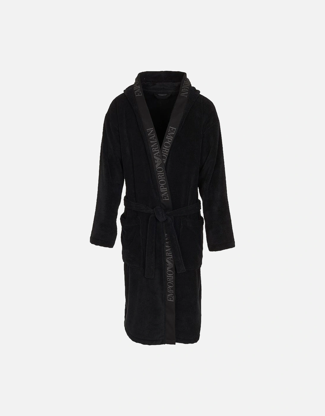 Terrycloth Bathrobe with Logo Trim, Black, 3 of 2