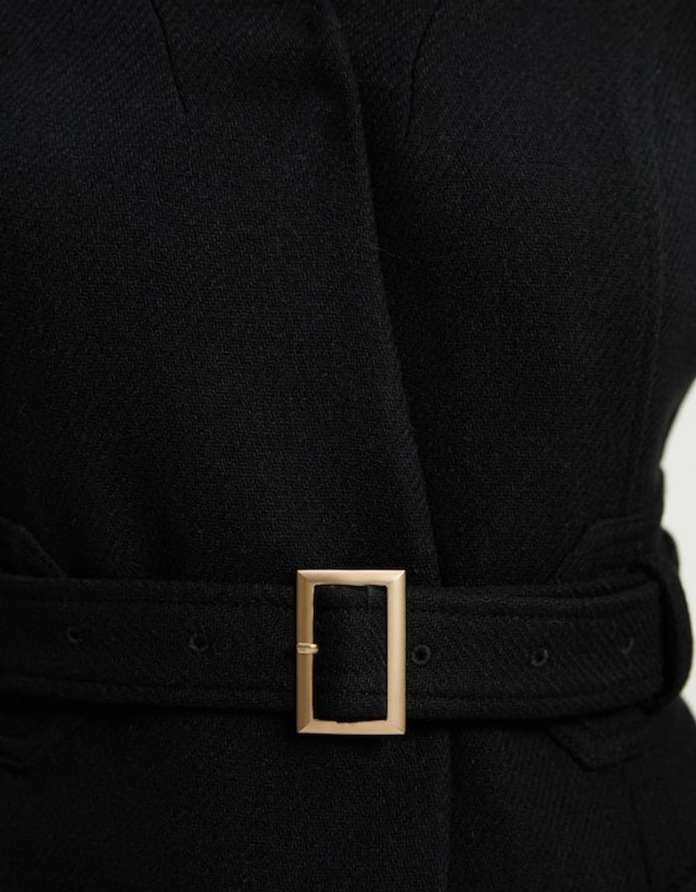 Wool Investment Notch Neck Belted Detail Tailored Maxi Coat