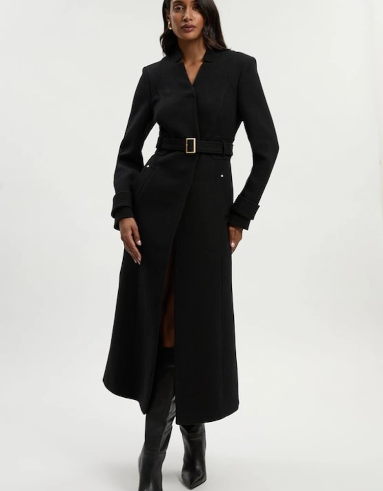 Wool Investment Notch Neck Belted Detail Tailored Maxi Coat