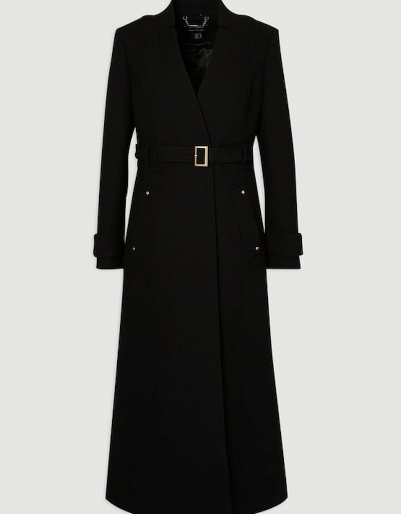Wool Investment Notch Neck Belted Detail Tailored Maxi Coat