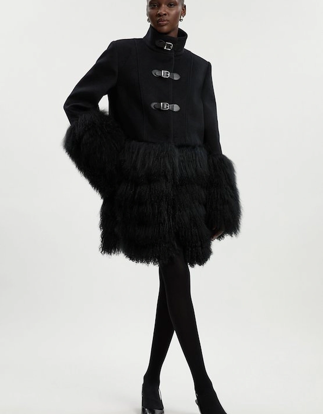 Brushed Wool And Shearling Buckle Detail Short Tailored Coat