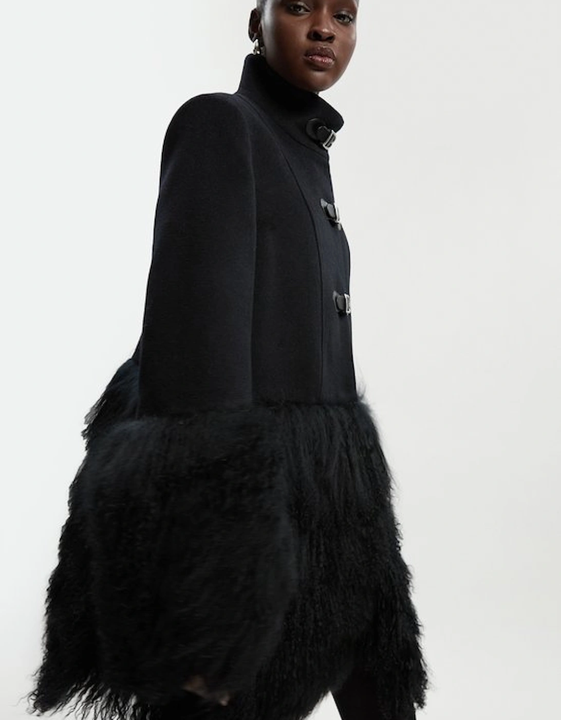 Brushed Wool And Shearling Buckle Detail Short Tailored Coat