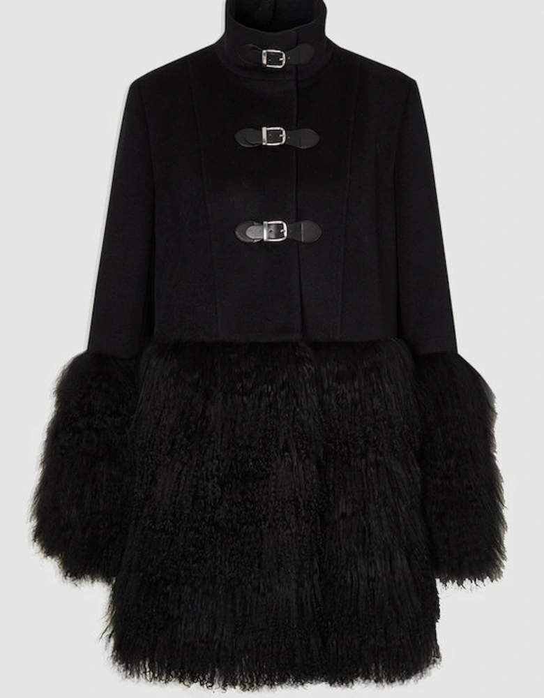Brushed Wool And Shearling Buckle Detail Short Tailored Coat
