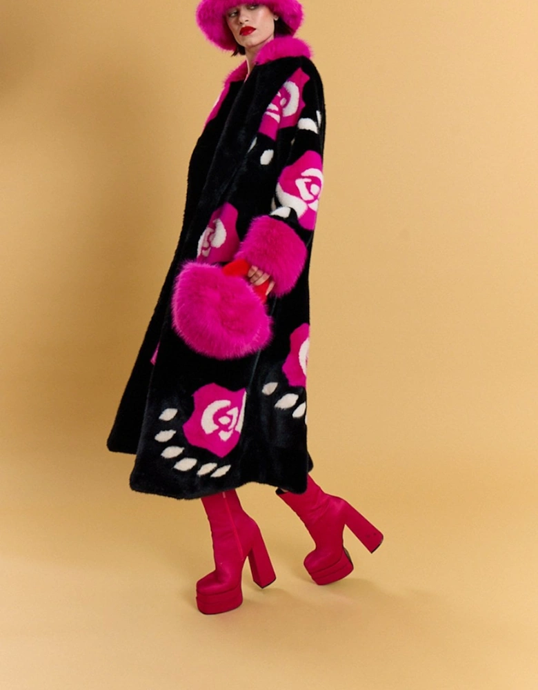 Black Hand Crafted Roses Bamboo Eco Faux Fur Love Maxi Coat