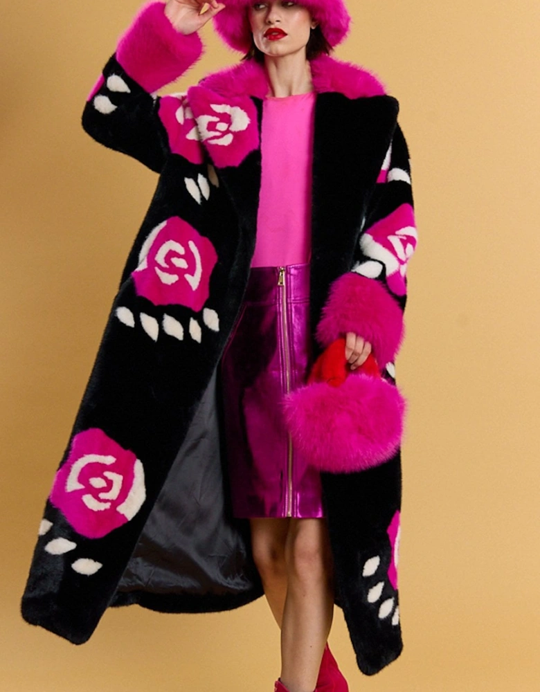 Black Hand Crafted Roses Bamboo Eco Faux Fur Love Maxi Coat