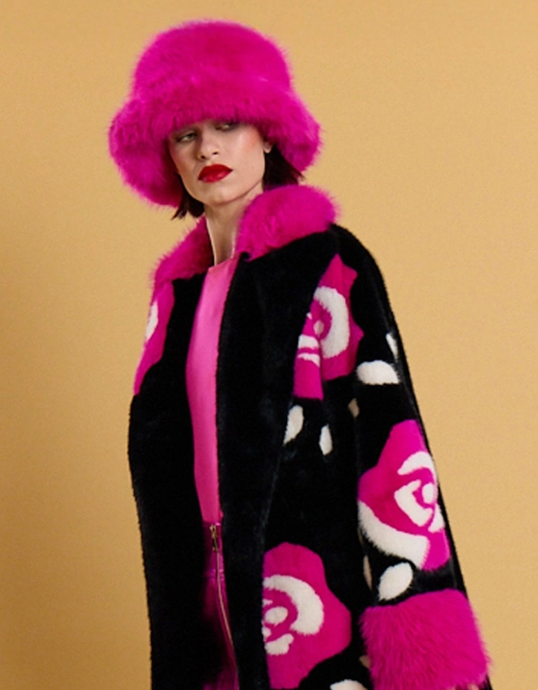 Black Hand Crafted Roses Bamboo Eco Faux Fur Love Maxi Coat