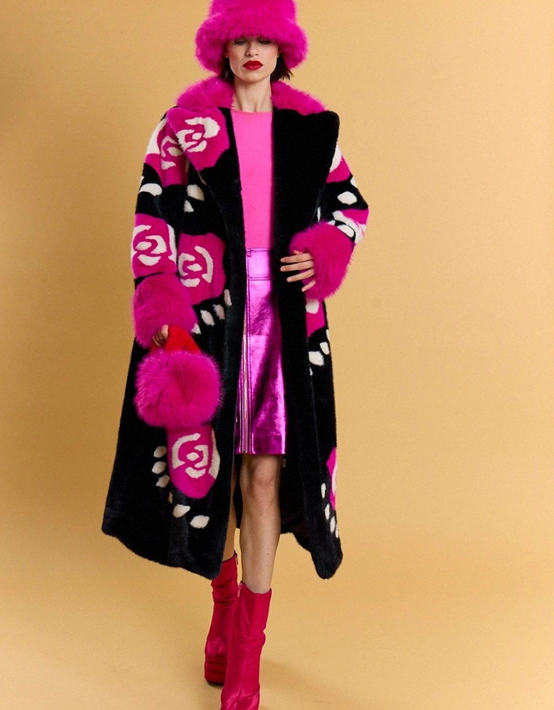 Black Hand Crafted Roses Bamboo Eco Faux Fur Love Maxi Coat