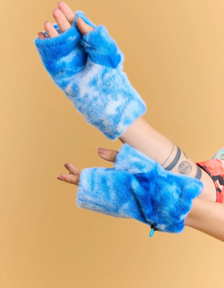 Blue Faux Fur Adjustable Fingerless Gloves