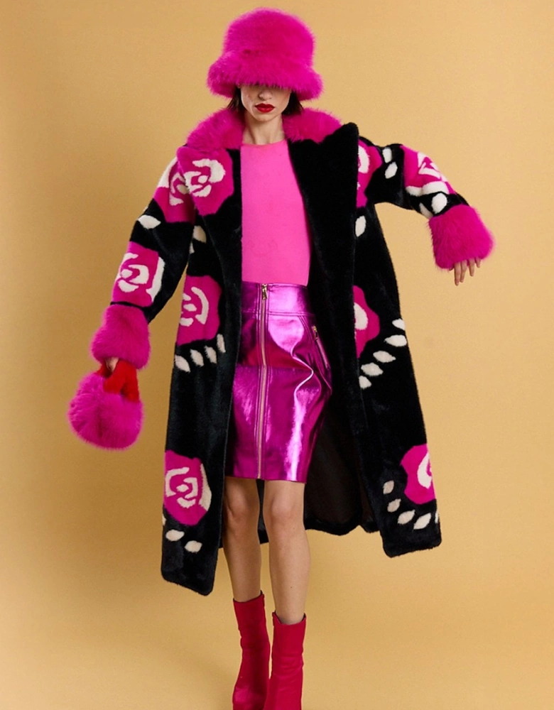 Black Hand Crafted Roses Bamboo Eco Faux Fur Love Maxi Coat