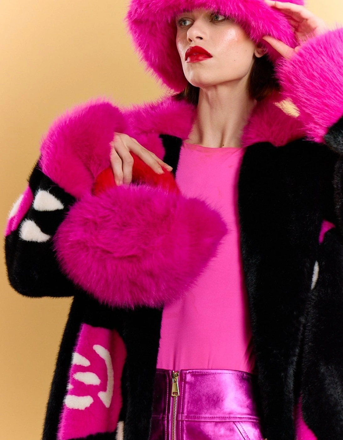 Pink and Red Bamboo Faux Fur Bag