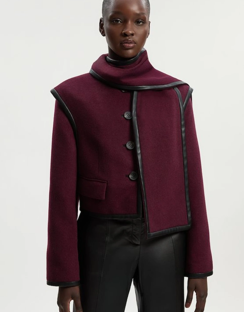 Petite Brushed Wool Pu Mix Detachable Scarf Tailored Crop Coat