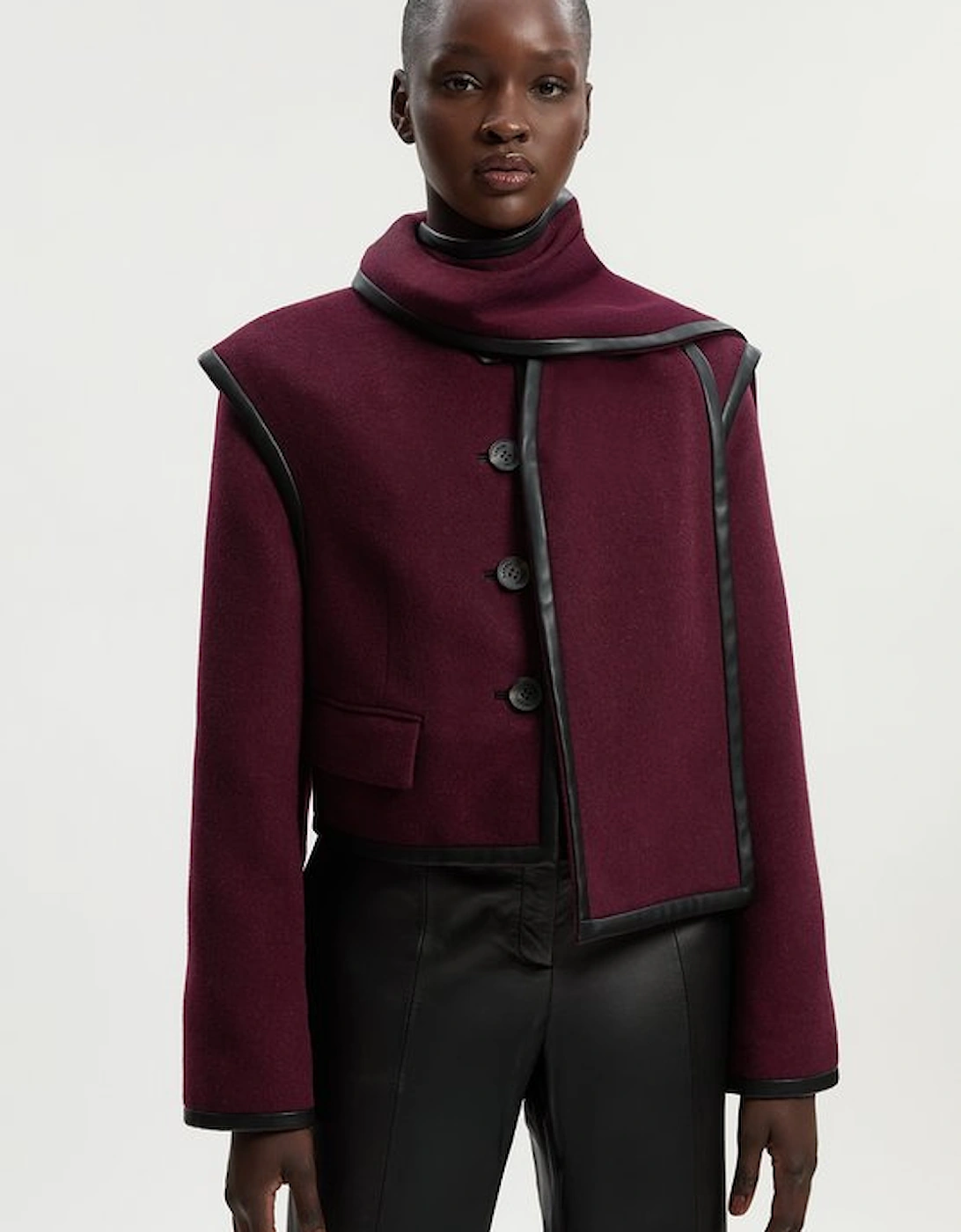 Petite Brushed Wool Pu Mix Detachable Scarf Tailored Crop Coat, 4 of 3