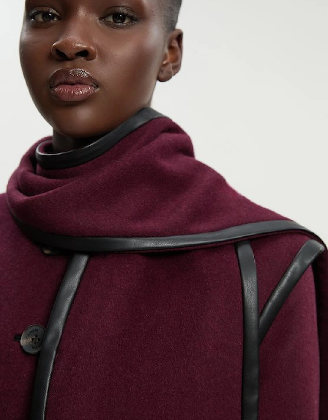 Petite Brushed Wool Pu Mix Detachable Scarf Tailored Crop Coat