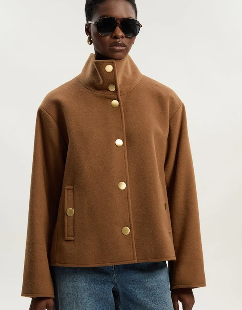 Brushed Wool  Funnel Neck Tailored Short Coat