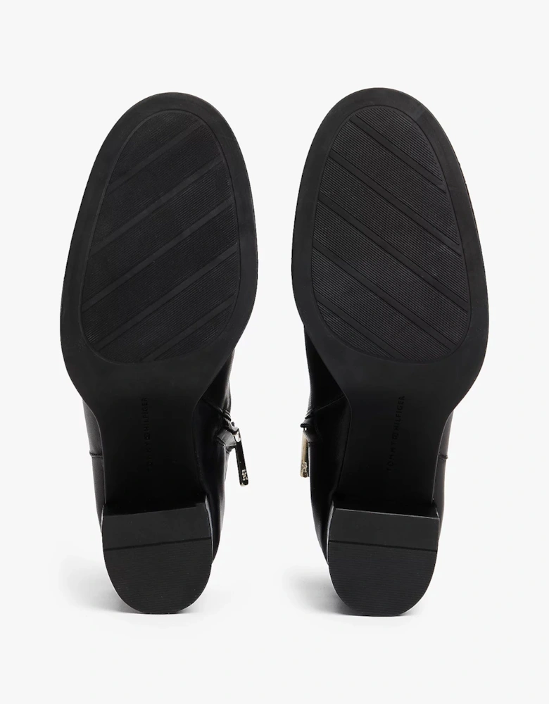 Stacked Heel Leather Womens Ankle Boots - Black