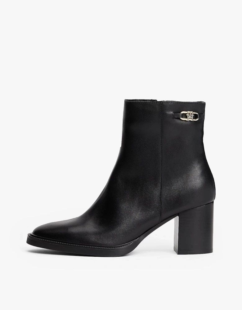 Stacked Heel Leather Womens Ankle Boots - Black