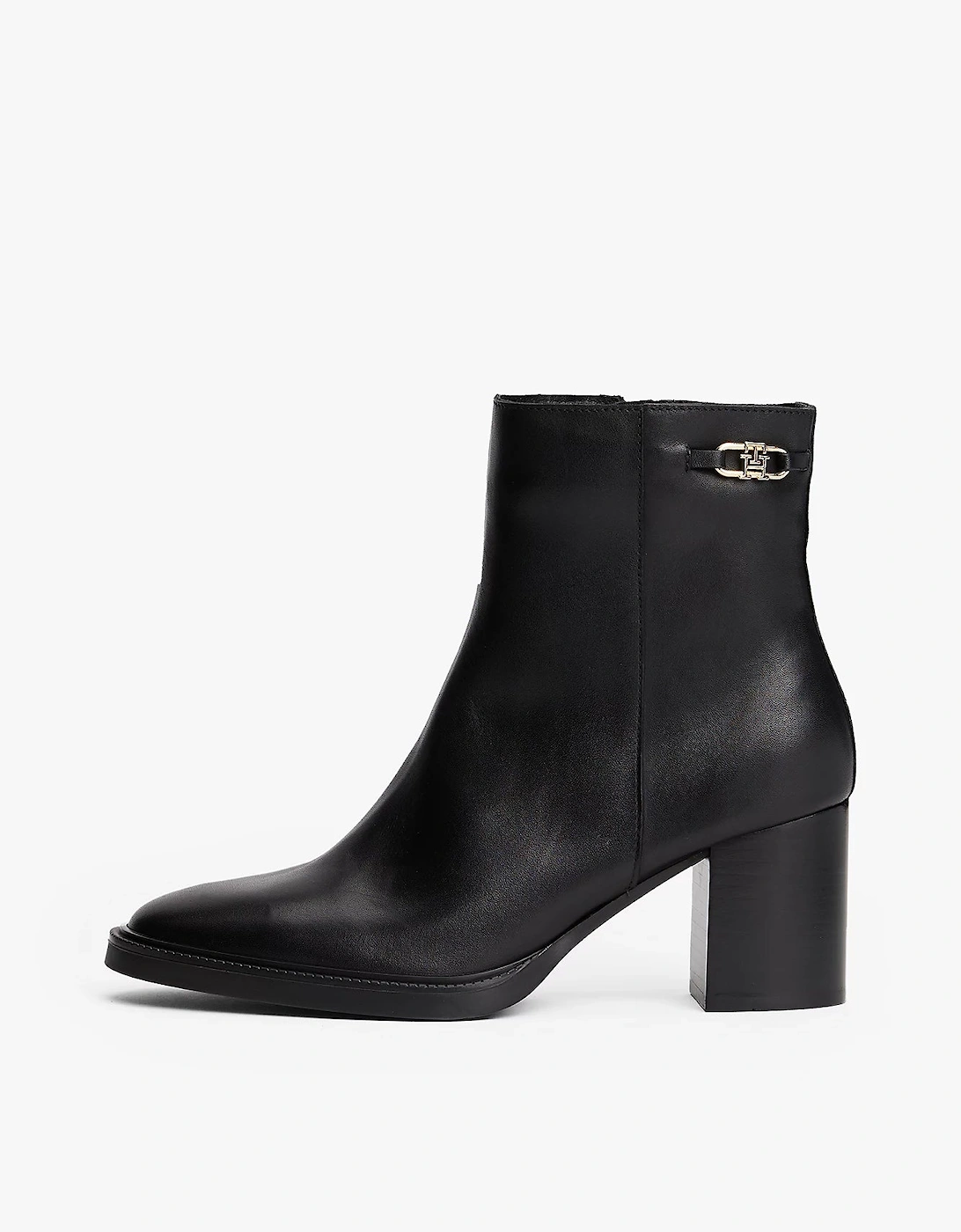 Stacked Heel Leather Womens Ankle Boots - Black