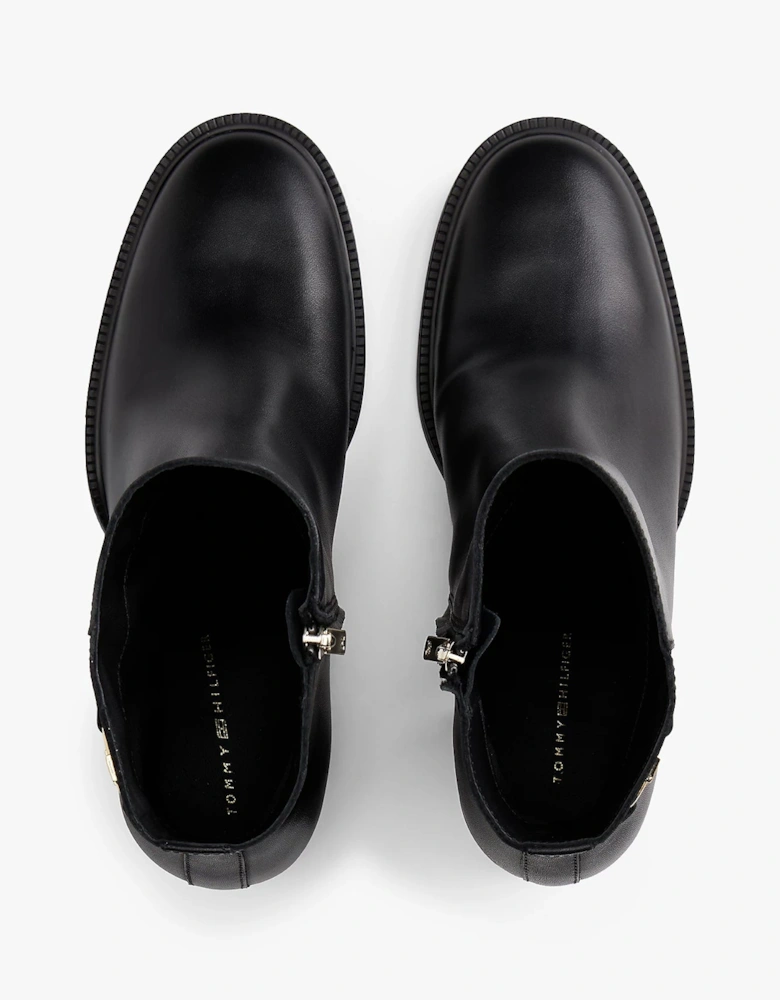 Stacked Heel Leather Womens Ankle Boots - Black
