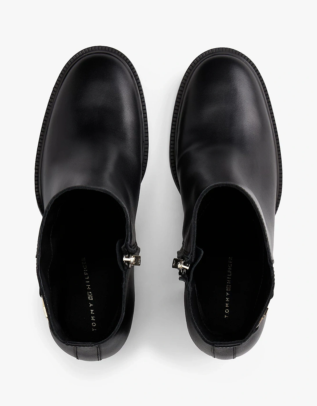 Stacked Heel Leather Womens Ankle Boots - Black