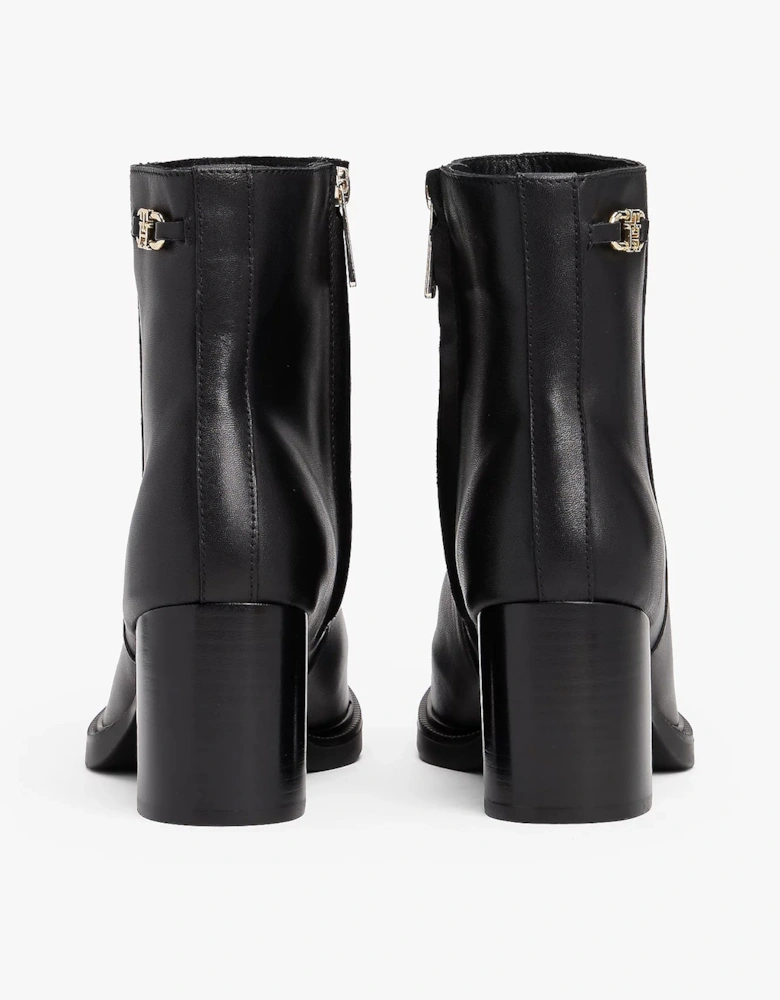 Stacked Heel Leather Womens Ankle Boots - Black