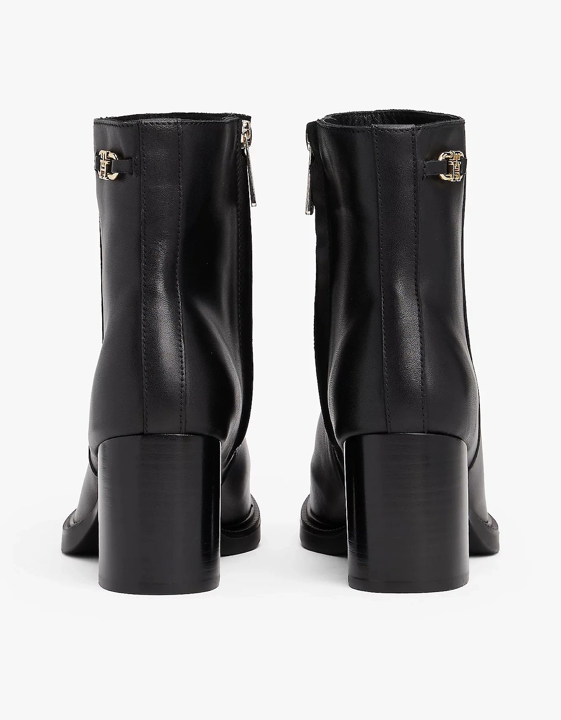 Stacked Heel Leather Womens Ankle Boots - Black