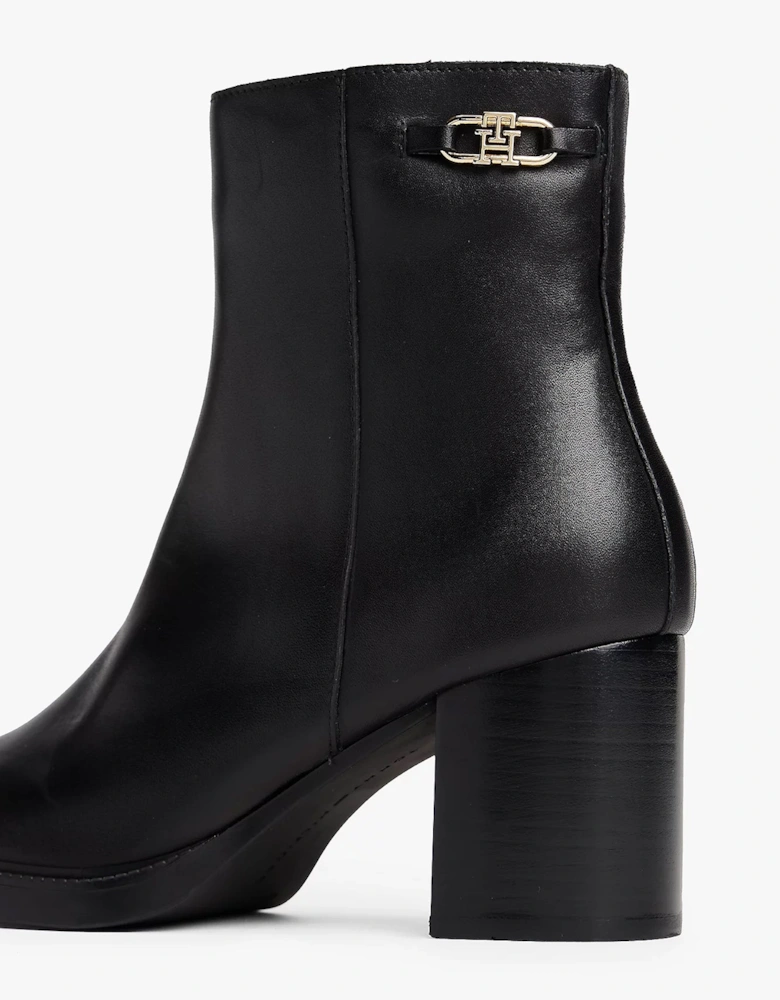 Stacked Heel Leather Womens Ankle Boots - Black