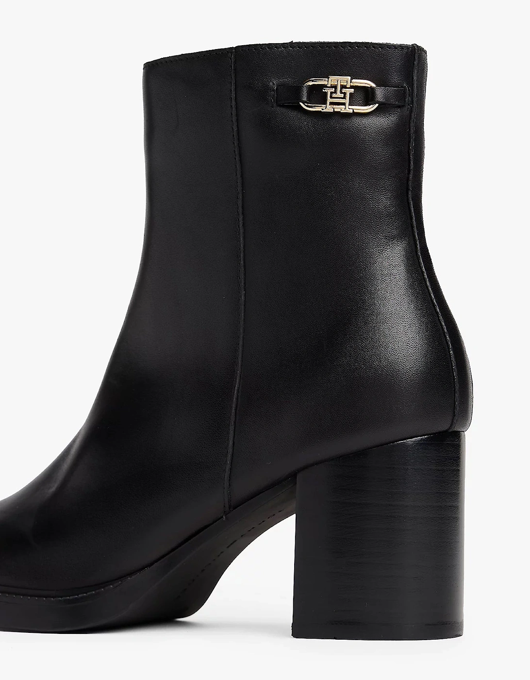 Stacked Heel Leather Womens Ankle Boots - Black