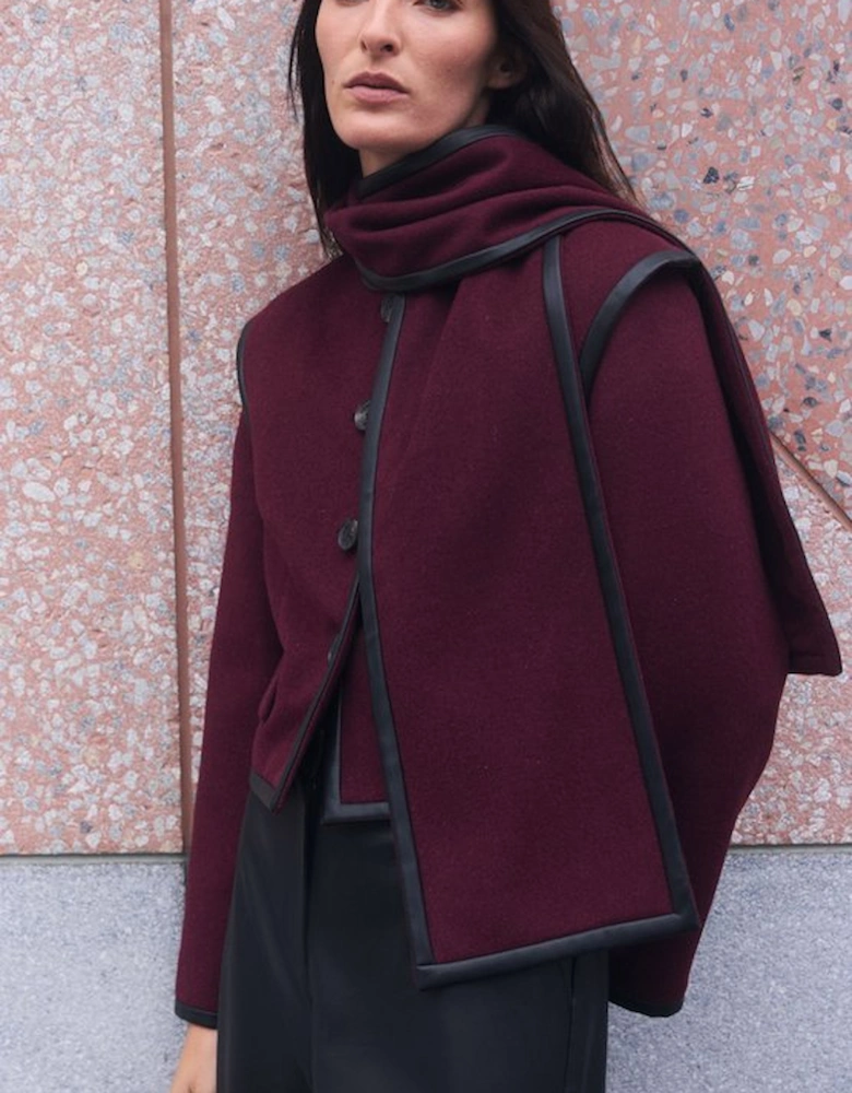 Brushed Wool Pu Mix Detachable Scarf Tailored Crop Coat