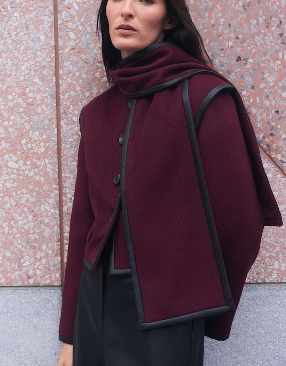 Brushed Wool Pu Mix Detachable Scarf Tailored Crop Coat, 5 of 4