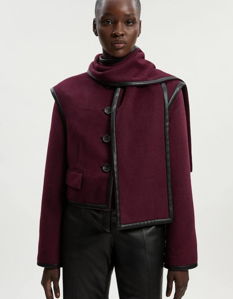 Brushed Wool Pu Mix Detachable Scarf Tailored Crop Coat