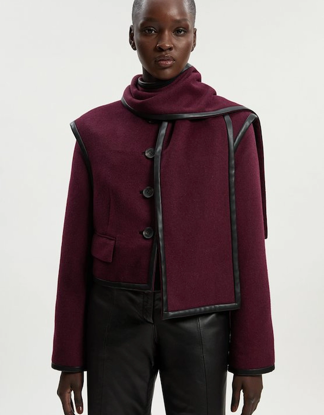 Brushed Wool Pu Mix Detachable Scarf Tailored Crop Coat