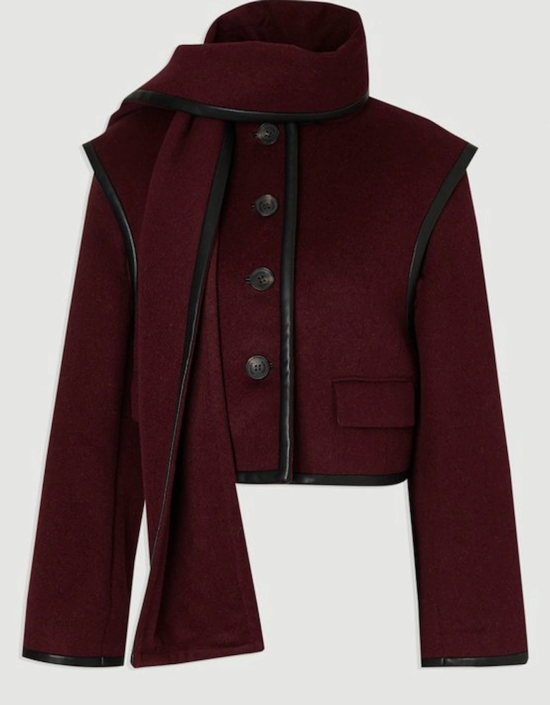 Brushed Wool Pu Mix Detachable Scarf Tailored Crop Coat