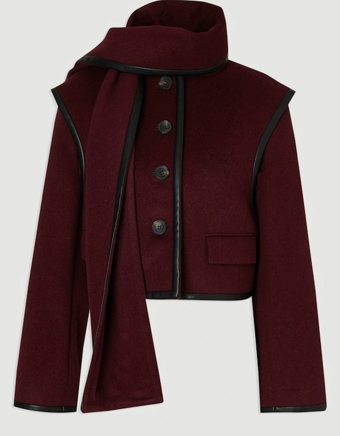 Brushed Wool Pu Mix Detachable Scarf Tailored Crop Coat