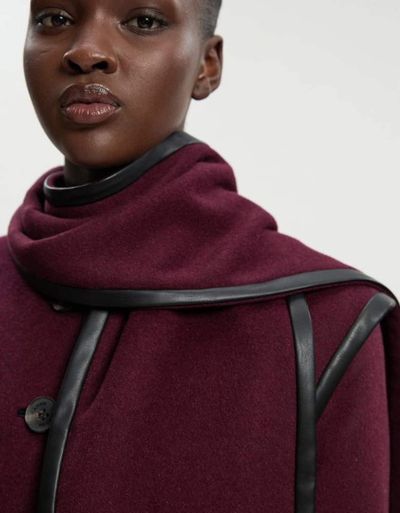 Brushed Wool Pu Mix Detachable Scarf Tailored Crop Coat