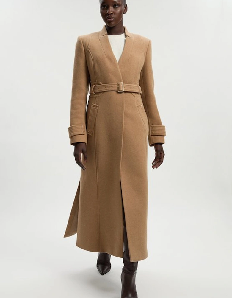 Petite Wool Investment Notch Neck Belted Detail Tailored Maxi Coat