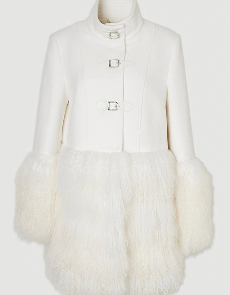 Brushed Wool And Shearling Buckle Detail Short Tailored Coat