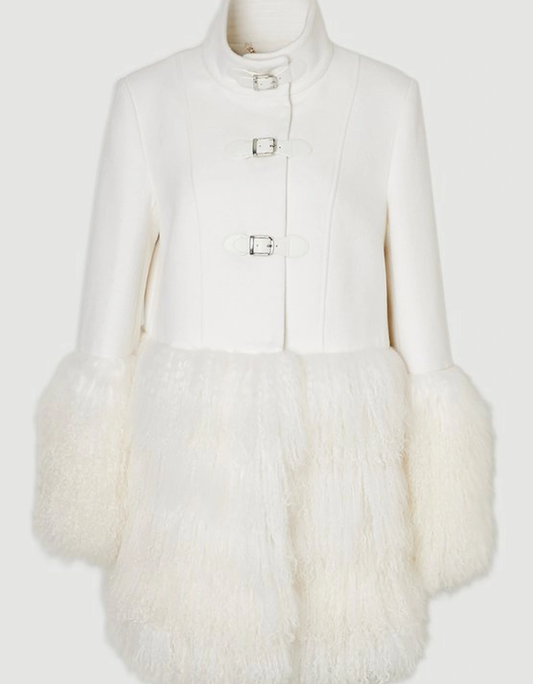 Brushed Wool And Shearling Buckle Detail Short Tailored Coat
