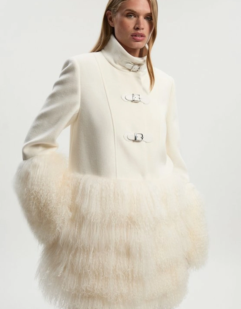 Brushed Wool And Shearling Buckle Detail Short Tailored Coat