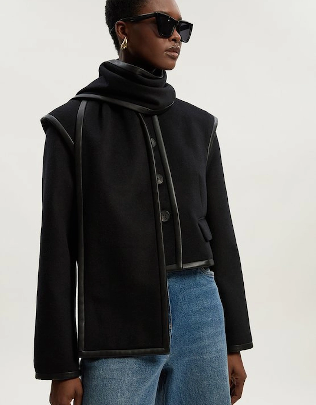 Brushed Wool Pu Mix Detachable Scarf Tailored Crop Coat, 5 of 4