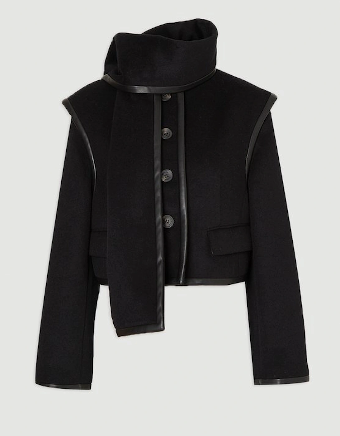 Brushed Wool Pu Mix Detachable Scarf Tailored Crop Coat