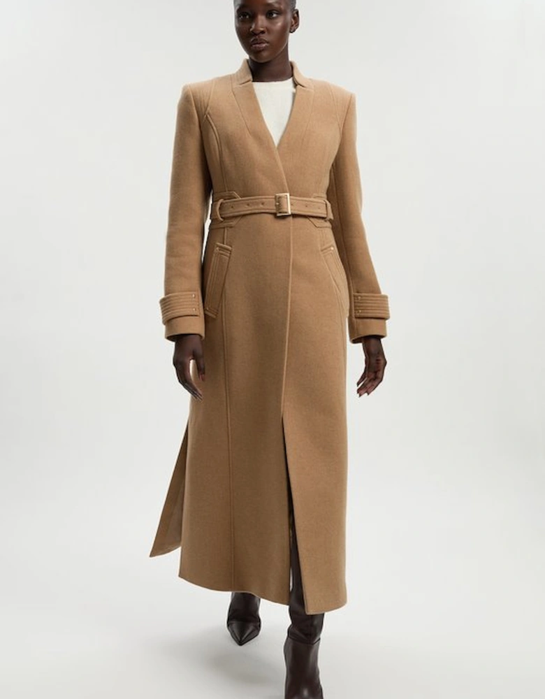 Wool Investment Notch Neck Belted Detail Tailored Maxi Coat
